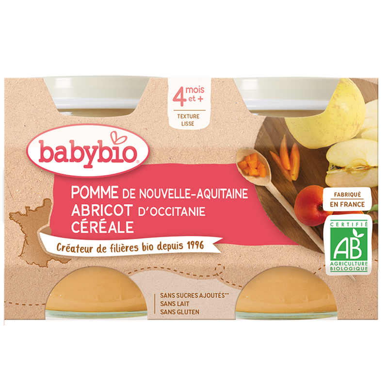 Pomme abricot céréales dès 4 mois 2X130 grs- Babybio