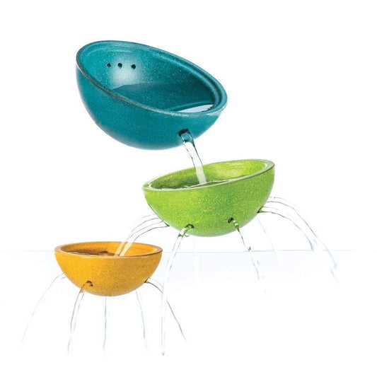 Jeux d'eau, fontaine, comrenant 3 bols enbois colores pour jouer à l'eau dès 1 an, Plan toys