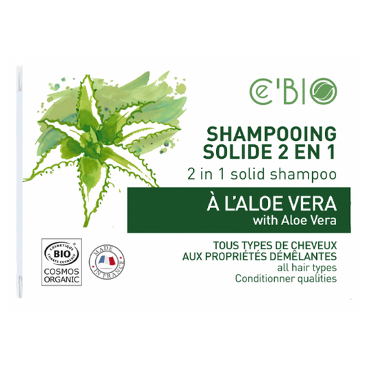 shampoing solide 2 en 1, ce produit de la marque Ce'Bio, démèle et nettoie les cheveux en douceur en respectant le cuir chevelu. Pour tous types de cheveux..