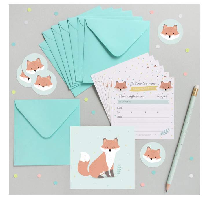 Cartes d'invitation "Renard", lot de 8 cartes carrées avec enveloppes