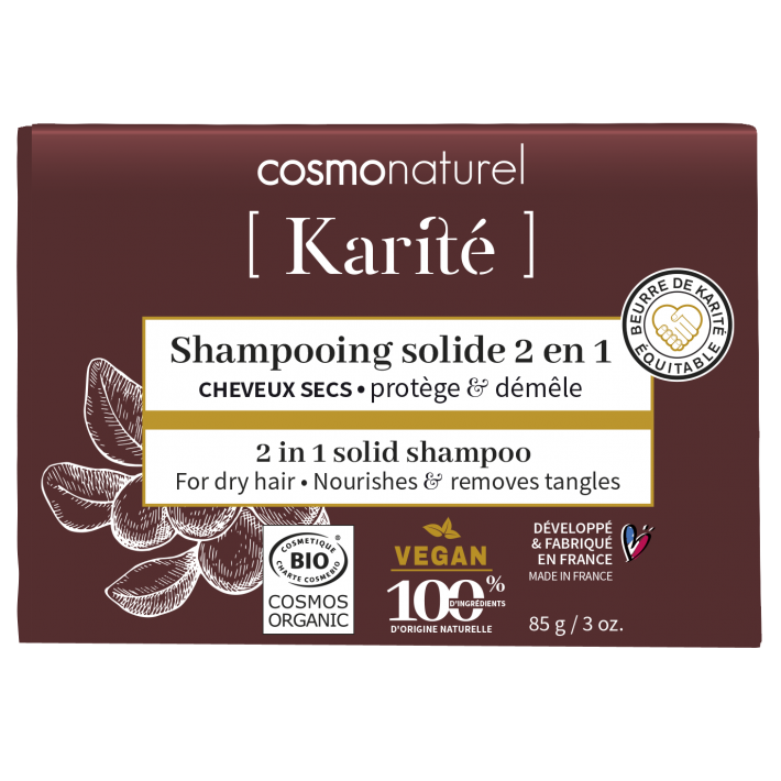 Shampoing solide et démèlant 2 en 1 au beurre de karité pour cheveux secs, Cosmonaturel