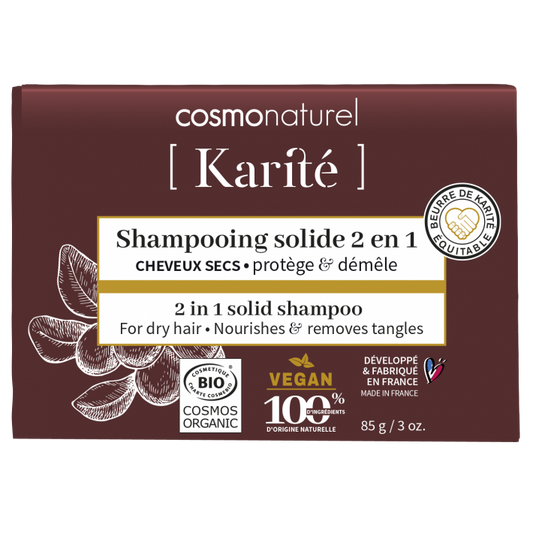 Shampoing solide et démèlant 2 en 1 au beurre de karité pour cheveux secs, Cosmonaturel