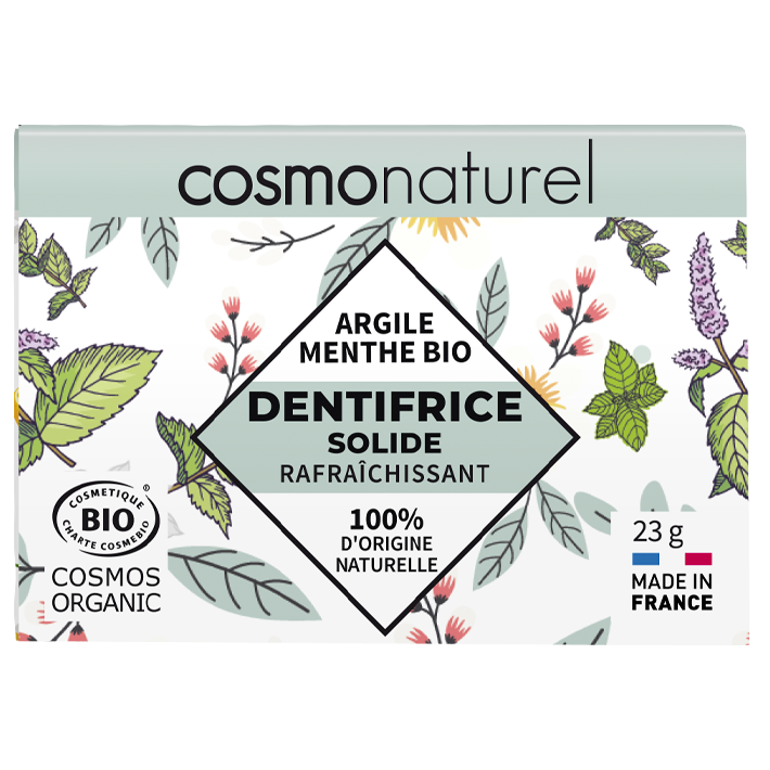 Dentifrice solide bio - Rafraichissant - Argile Menthe - Cosmonaturel