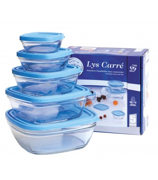 Lot de 5 plats en verre avec couvercle pour conserver durablement les indrédients ou restes d'un repas, Duralex