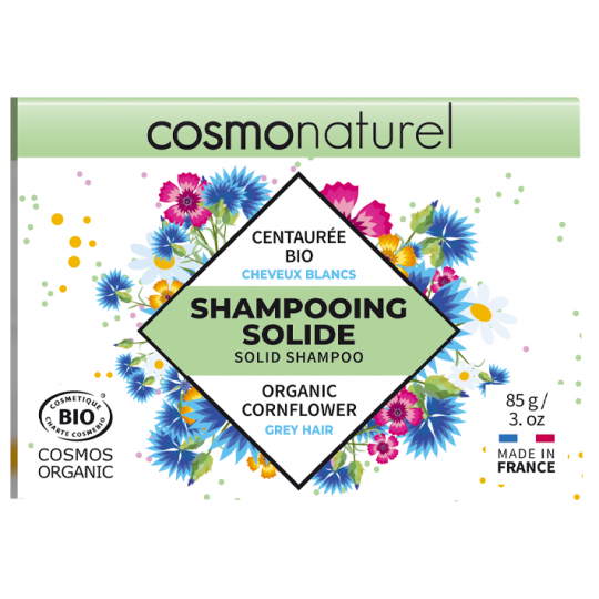 Shampoing solide pour cheveux blanc ou gris à la centaurée, bleuet. Certifié bio, Cosmo Naturel