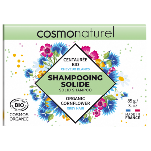 Shampoing solide pour cheveux blanc ou gris à la centaurée, bleuet. Certifié bio, Cosmo Naturel