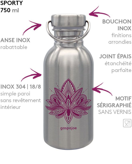 Gourde sporty en inox, non isotherme, motif Lotus couleur prune