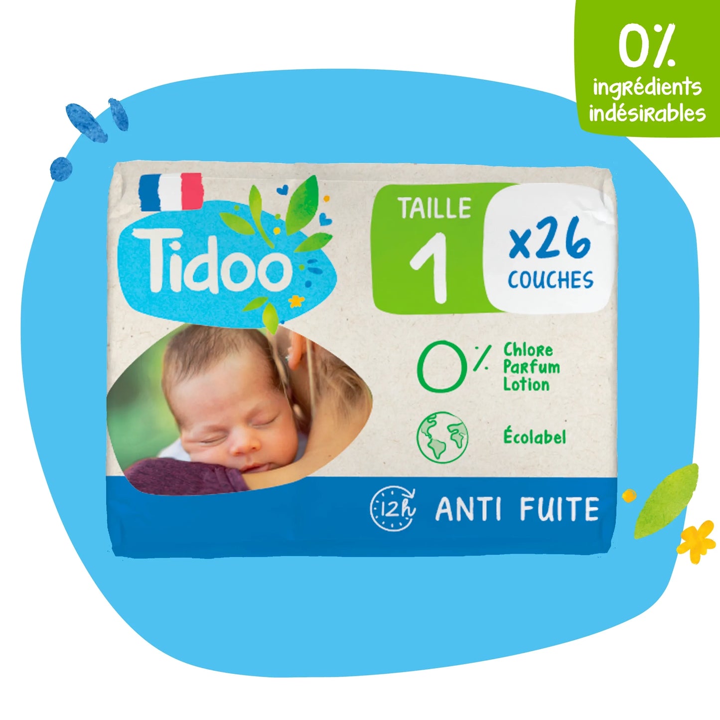 Couche jetable night & day  - T1 -2 à 5 kgs - 26 couches - Mini Pack- Tidoo